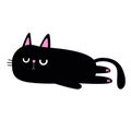 Laying black cat. Body with pink paw print, tail. Funny sad face head silhouette. Meow. Cute cartoon baby character. Kawaii animal