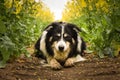 Laying border collie is in yellow colza