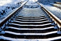 Laying the construction of new tram rails, snowy weather, rails and sleepers stretching into the distance covered with snow Royalty Free Stock Photo