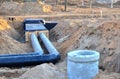 Laying drain pipes and concrete manholes for stormwater system. Connecting a trench drain to a concrete manhole structure