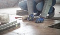 Laying floor ceramic tile. Renovating the floor