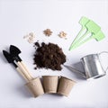 Laying garden tools for planting, growing and caring for plants at home, in a greenhouse. Land, pots, plates, seeds, shovels,
