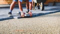 Laying gray concrete paving slabs in house courtyard driveway pa Royalty Free Stock Photo