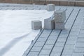 Laying new paving stones on the sidewalk. Construction work Royalty Free Stock Photo