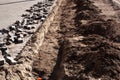 Laying Paving Slabs. Road Paving, construction. Repairing sidewalk. Royalty Free Stock Photo