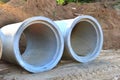 Laying or replacement of underground storm sewer pipes. Installation of water main, sanitary sewer, and storm drain systems. Royalty Free Stock Photo