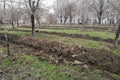 Laying of the sprinkler system of the pipeline in the ground trenches for the underground irrigation system, irrigation Royalty Free Stock Photo