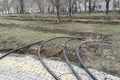 Laying of the sprinkler system of the pipeline in the ground trenches for the underground irrigation system, irrigation Royalty Free Stock Photo