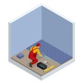 Laying tiles at home. Worker installing small ceramic tiles on bathroom floor and applying mortar with trowel. Isometric
