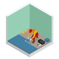 Laying tiles at home. Worker installing small ceramic tiles on bathroom floor and applying mortar with trowel. Isometric