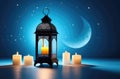 Laylat al-Qadr, holy month of Ramadan, Arab lantern fanus, candles, crescent moon and stars, magical atmosphere, blue