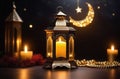 Laylat al-Qadr, holy month of Ramadan, Arab lantern fanus, candles, moon moon and stars, golden beads, magical Royalty Free Stock Photo