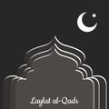 Laylat al-Qadr. Islamic religion holiday. Symbolic silhouette of the mosque. Gray shades of color. Moon and star. Paper style