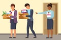 Layoff concept. Boss dismissed employee. Sad man and woman leave the office with things in boxes