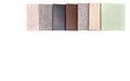 Layout of artificial stone samples on a white background. A variety of texture samples for kitchen countertops. Materials for