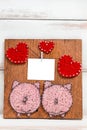 Layout for cards for Valentine`s day in the form of panels with hearts and two pigs handmade