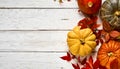 Layout of colorful pumpkins on a white wooden old board, decorated with willow leaves, top view with copy space. Autumn harvest,