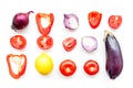 Layout of contrast, colored vegetables. Eggplant, red onion, red pepper, tomato on white background top view pattern