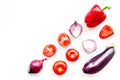 Layout of contrast, colored vegetables. Eggplant, red onion, red pepper, tomato on white background top view copy space