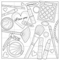 Layout of decorative cosmetics and makeup brushes on the table.Coloring book antistress for children and adults