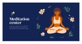 Layout design template of meditation center with vector illustration of woman meditating in lotus pose