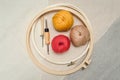 Layout of embriodery hoops, punch needles, balls of yarn on three different types of fabric. Instruments and supplements for Royalty Free Stock Photo