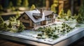 Layout or exhibition model wooden log house. Reduced copy of wooden house. Modern technology of low-rise housing. wooden Royalty Free Stock Photo