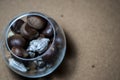 Seashells, chestnuts, cones and wine corks in wine glass. Royalty Free Stock Photo