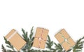 Layout, gift boxes with Christmas tree branches on a white background Royalty Free Stock Photo