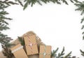 Layout, gift boxes with Christmas tree branches on a white background Royalty Free Stock Photo