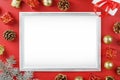 Layout of greeting cards with free space on a red background with their Christmas decorations Royalty Free Stock Photo