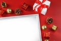 Layout of greeting cards with free space on a red background with their Christmas decorations Royalty Free Stock Photo