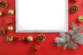 Layout of greeting cards with free space on a red background with their Christmas decorations. Royalty Free Stock Photo