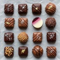 Layout includes square and round chocolates, some adorned with gold leaf, Royalty Free Stock Photo