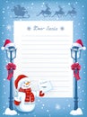 Layout letter to Santa Claus with cartoon funny Snowman with Christmas letter for Santa Claus, vintage streetlamp and sleigh with Royalty Free Stock Photo