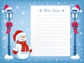 Layout letter to Santa Claus with funny Snowman in santa hat and Christmas vintage streetlamp Royalty Free Stock Photo