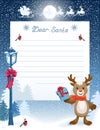 Layout letter to Santa Claus with wish list and cartoon funny fawn deer with gift box against winter forest background