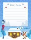 Layout letter to Santa Claus with wish list and cartoon funny fawn deer with gift box and Santa`s workshop against winter forest