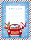 Layout Letter To Santa Claus With Wish List And Cartoon Funny Santa Claus And Fawn Deer In Red Vintage Car With Gift Box
