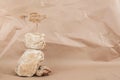 Layout made of from a pile of balancing stones and dry flower on craft beige background. Front view Copy space Monochrom