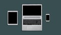 Layout of modern gadgets for web design. Top view of electonic devices: tablet, laptop computer and mobile phone. Office workplace Royalty Free Stock Photo