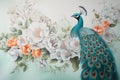 Layout with Peacock and flowers. Ideal for wallpaper, web page background, surface textures, fabric