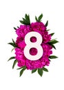 Layout with pink peonies flowers and number eight sign. Flat lay. Top view.