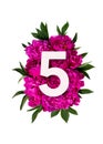 Layout with pink peonies flowers and number five sign. Flat lay. Top view. Royalty Free Stock Photo