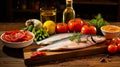 Layout of products is typical for the cooking fish, Mediterranean diet. All products are neatly laid out on wooden table Royalty Free Stock Photo