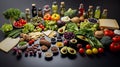 Layout of products is typical for the Mediterranean diet. All products are neatly laid out on the table Royalty Free Stock Photo