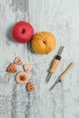 Layout of red and yellow balls of yarn, big wooden buttons and two punch needles on grunge white wooden floor. Instruments and Royalty Free Stock Photo