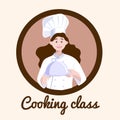 Layout template for cooking classes. Young chef woman holding kitchen item and showing gesture delicious. Banner with smiling girl Royalty Free Stock Photo