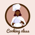 Layout template for cooking classes. Young chef woman holding kitchen item and showing gesture delicious. Banner with smiling girl Royalty Free Stock Photo