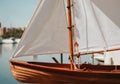 Layout of wooden boat. Old wooden sailboat pulleys and ropes detail Royalty Free Stock Photo